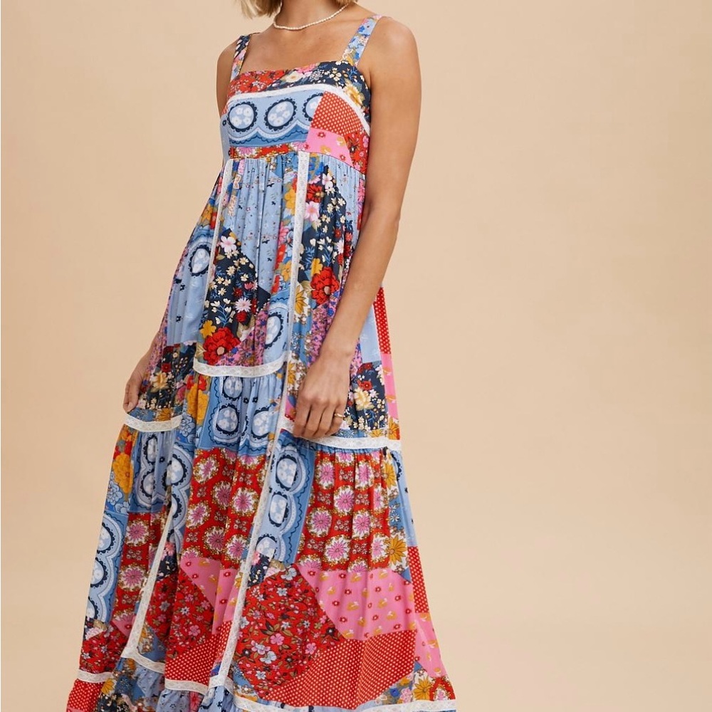 Vibrant Blue and Red Tiered Bustier Maxi Dress